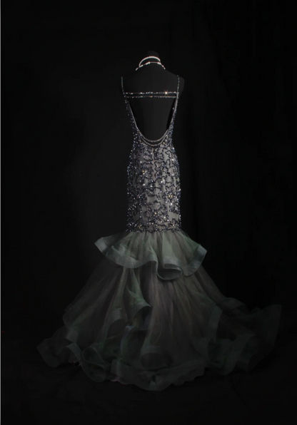 Glam Mermaid Atrovirens Long Prom Dresses Tulle Beaded Spaghetti Straps Evening Dresses Sleeveless Birthday Dresses ED05754