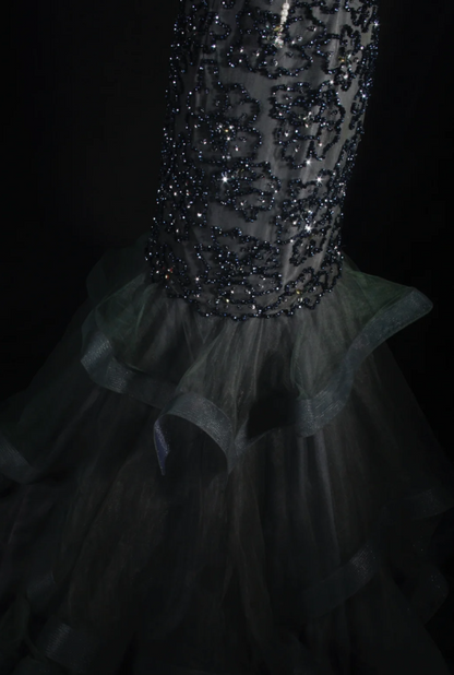 Glam Mermaid Atrovirens Long Prom Dresses Tulle Beaded Spaghetti Straps Evening Dresses Sleeveless Birthday Dresses ED05754
