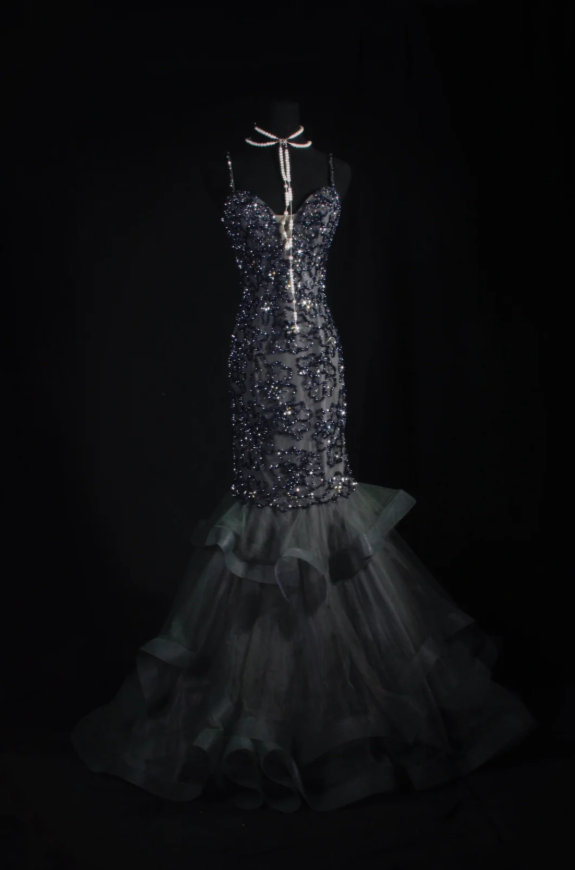 Robes d'anniversaire élégantes bleu dégradé, col en V, paillettes, mousseline, fourreau, robes de bal, robes de soirée ED04456