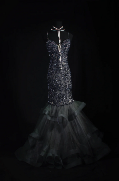 Glam Mermaid Atrovirens Long Prom Dresses Tulle Beaded Spaghetti Straps Evening Dresses Sleeveless Birthday Dresses ED05754