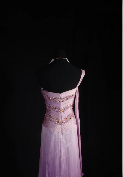 Glam Sheath Purple Long Prom Dresses Chiffon One-shoulder Evening Dresses Sleeveless Wedding Guest Dresses ED05755