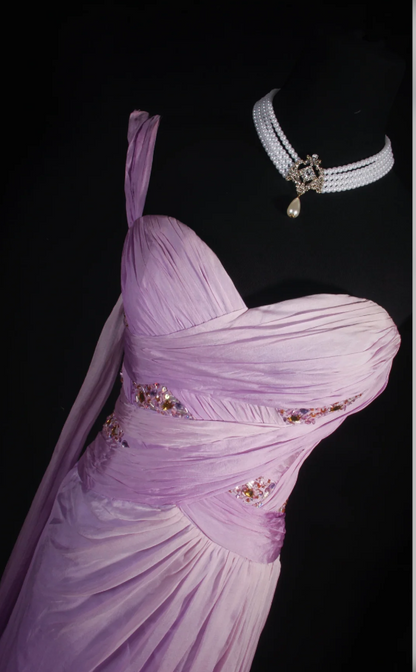 Glam Sheath Purple Long Prom Dresses Chiffon One-shoulder Evening Dresses Sleeveless Wedding Guest Dresses ED05755