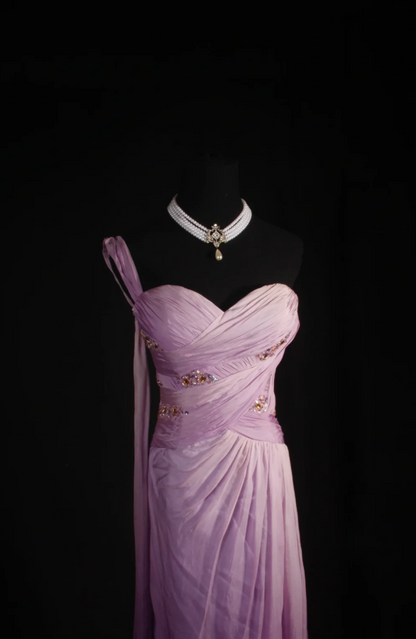 Glam Sheath Purple Long Prom Dresses Chiffon One-shoulder Evening Dresses Sleeveless Wedding Guest Dresses ED05755