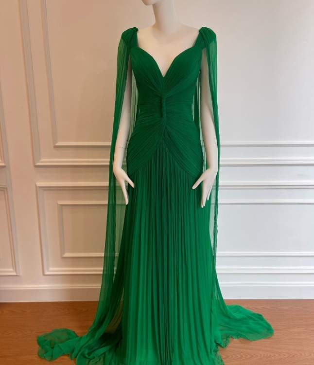Glam Sheath Green Long Prom Dresses Chiffon V-neck Evening Dresses Sleeveless Wedding Guest Dresses ED05756