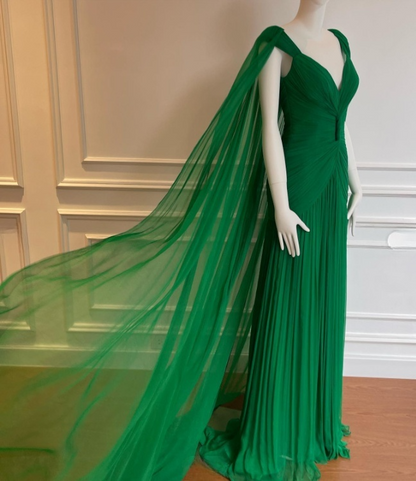Glam Sheath Green Long Prom Dresses Chiffon V-neck Evening Dresses Sleeveless Wedding Guest Dresses ED05756