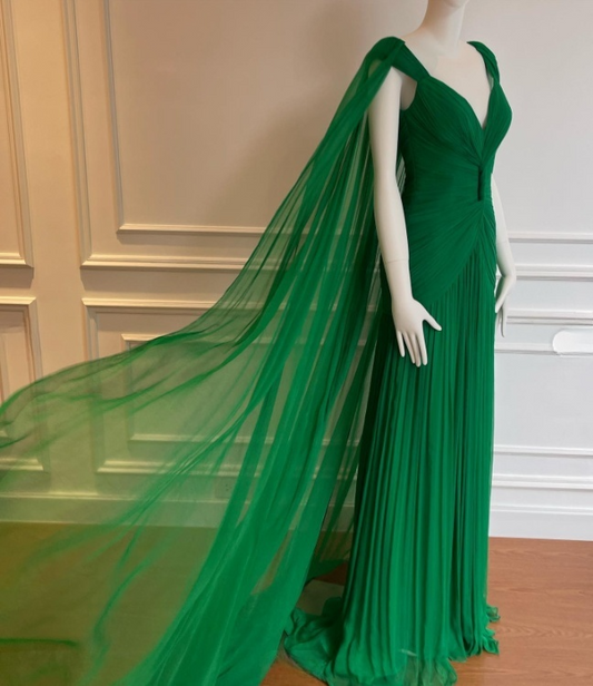 Glam Sheath Green Long Prom Dresses Chiffon V-neck Evening Dresses Sleeveless Wedding Guest Dresses ED05756