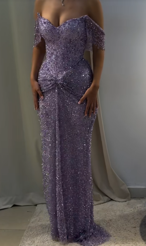 Chic Sheath Purple Long Prom Dresses Tulle Sequins Straps Evening Dresses Sleeveless Birthday Dresses ED05759