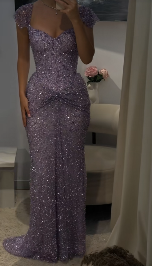 Chic Sheath Purple Long Prom Dresses Tulle Sequins Straps Evening Dresses Sleeveless Birthday Dresses ED05759