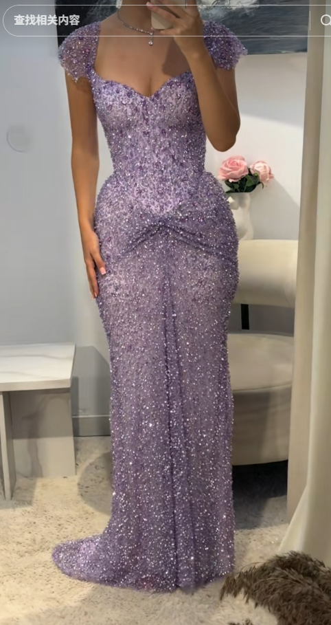 Chic Sheath Purple Long Prom Dresses Tulle Sequins Straps Evening Dresses Sleeveless Birthday Dresses ED05759