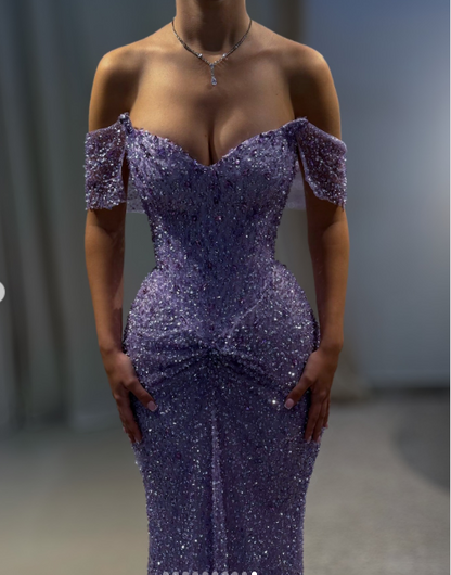 Chic Sheath Purple Long Prom Dresses Tulle Sequins Straps Evening Dresses Sleeveless Birthday Dresses ED05759