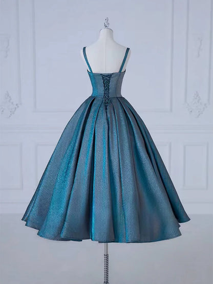 A-Line Sweetheart Neck Satin Tea Length Blue Prom Dress, Blue Formal Dress ED0576