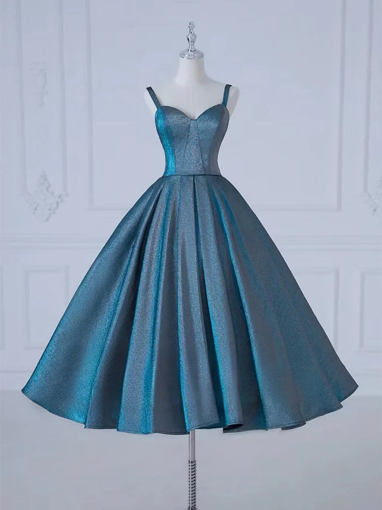 A-Line Sweetheart Neck Satin Tea Length Blue Prom Dress, Blue Formal Dress ED0576