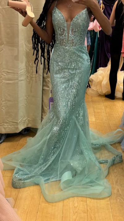 Robes d'anniversaire élégantes bleu dégradé, col en V, paillettes, mousseline, fourreau, robes de bal, robes de soirée ED04456