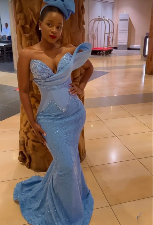 Chic Mermaid Blue Long Prom Dresses Satin Beaded Sweetheart Evening Dresses Sleeveless Weeding Guest Dresses ED05762