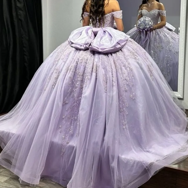 Cute Ball Gown Purple Long Prom Dresses Tulle Off-shoulder Quinceanera Dresses Appliques Short Sleeves Sweet 16 Dress ED05763