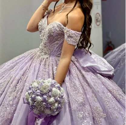 Cute Ball Gown Purple Long Prom Dresses Tulle Off-shoulder Quinceanera Dresses Appliques Short Sleeves Sweet 16 Dress ED05763