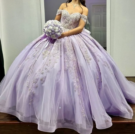 Cute Ball Gown Purple Long Prom Dresses Tulle Off-shoulder Quinceanera Dresses Appliques Short Sleeves Sweet 16 Dress ED05763