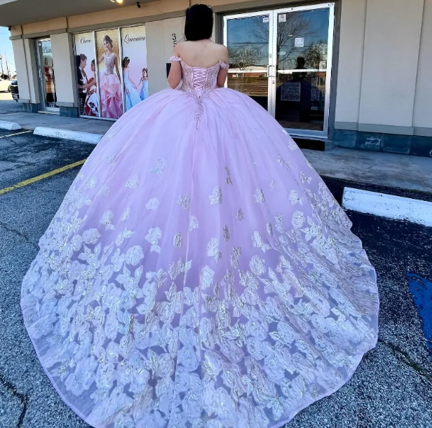 Cute Ball Gown Pink Long Prom Dresses Tulle Off-shoulder Quinceanera Dresses Appliques Short Sleeves Sweet 16 Dress ED05764