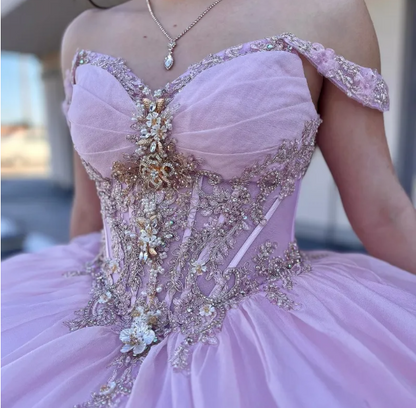 Cute Ball Gown Pink Long Prom Dresses Tulle Off-shoulder Quinceanera Dresses Appliques Short Sleeves Sweet 16 Dress ED05764