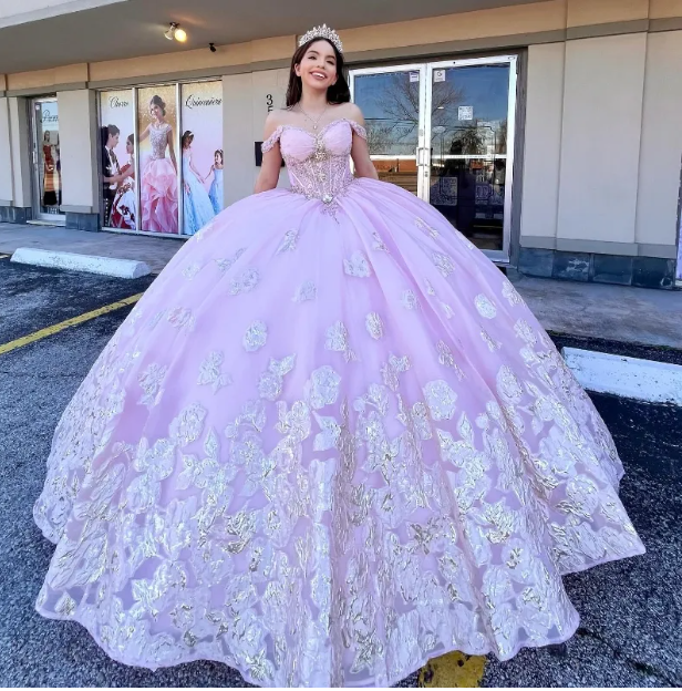 Cute Ball Gown Pink Long Prom Dresses Tulle Off-shoulder Quinceanera Dresses Appliques Short Sleeves Sweet 16 Dress ED05764