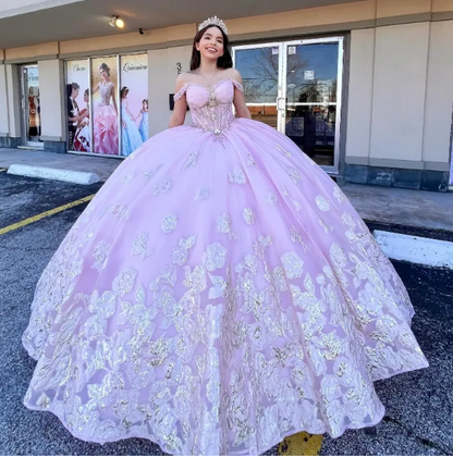 Cute Ball Gown Pink Long Prom Dresses Tulle Off-shoulder Quinceanera Dresses Appliques Short Sleeves Sweet 16 Dress ED05764