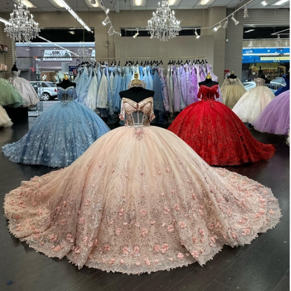 Cute Ball Gown Blush Pink Long Prom Dresses Tulle Off-shoulder Quinceanera Dresses Appliques Short Sleeves Sweet 16 Dress ED05765