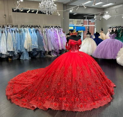 Cute Ball Gown Blush Pink Long Prom Dresses Tulle Off-shoulder Quinceanera Dresses Appliques Short Sleeves Sweet 16 Dress ED05765