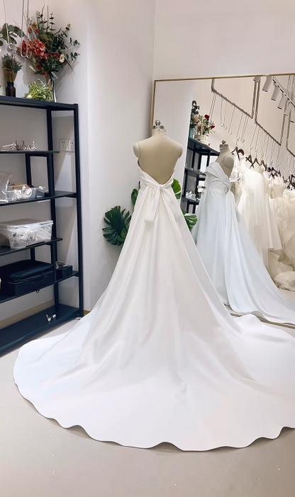 Simple Strapless A-Line Long Wedding Dresses Satin White Bridal Gowns Sleeveless Bridal Dresses  ED05766