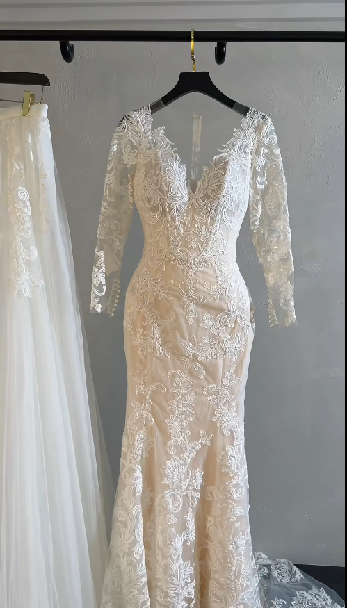 Simple V-Neck Sheath Long Wedding Dresses Tulle Appliques White Bridal Gowns Long Sleeves Bridal Dresses ED05768