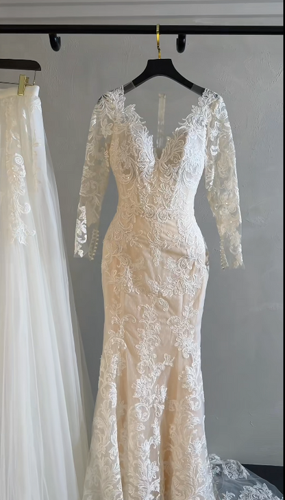 Simple V-Neck Sheath Long Wedding Dresses Tulle Appliques White Bridal Gowns Long Sleeves Bridal Dresses ED05768