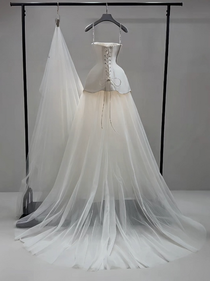 Luxury Strapless A-Line Long Wedding Dresses Tulle Satin White Bridal Gowns Sleeveless Bridal Dresses ED05769