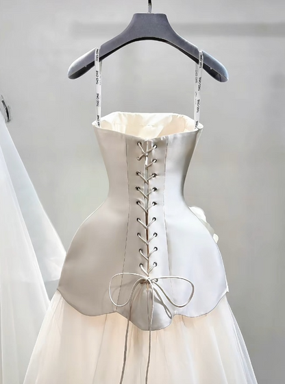 Luxury Strapless A-Line Long Wedding Dresses Tulle Satin White Bridal Gowns Sleeveless Bridal Dresses ED05769