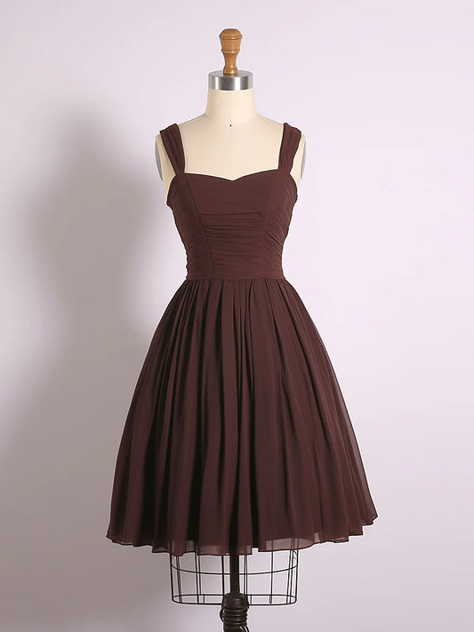 Robe de bal courte en mousseline de soie marron, coupe trapèze, décolleté en cœur, simple, robe de soirée marron ED0577