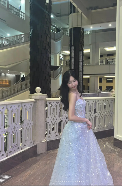 Robes d'anniversaire élégantes bleu dégradé, col en V, paillettes, mousseline, fourreau, robes de bal, robes de soirée ED04456