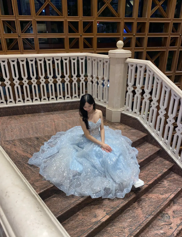 Robes d'anniversaire élégantes bleu dégradé, col en V, paillettes, mousseline, fourreau, robes de bal, robes de soirée ED04456