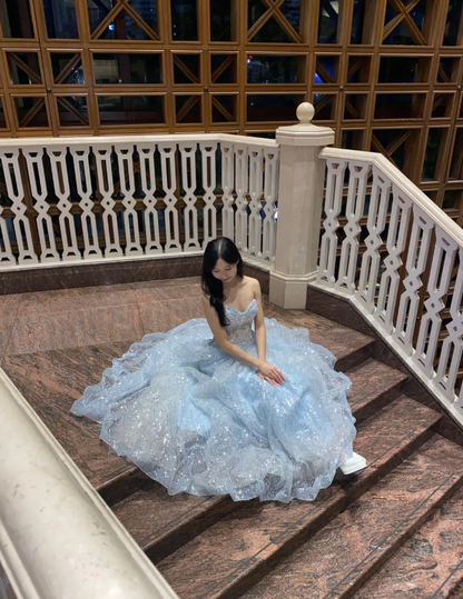 Robes d'anniversaire élégantes bleu dégradé, col en V, paillettes, mousseline, fourreau, robes de bal, robes de soirée ED04456