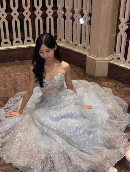 Robes d'anniversaire élégantes bleu dégradé, col en V, paillettes, mousseline, fourreau, robes de bal, robes de soirée ED04456