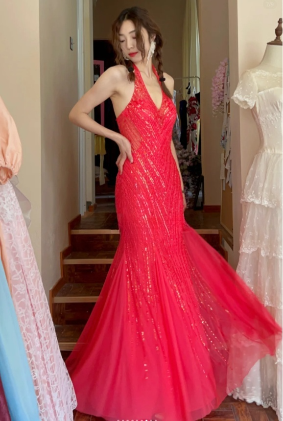 Robes d'anniversaire élégantes bleu dégradé, col en V, paillettes, mousseline, fourreau, robes de bal, robes de soirée ED04456