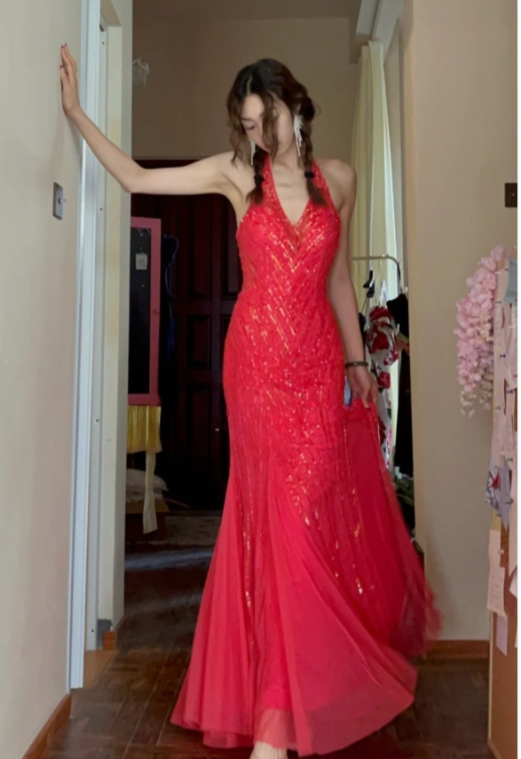 Robes d'anniversaire élégantes bleu dégradé, col en V, paillettes, mousseline, fourreau, robes de bal, robes de soirée ED04456