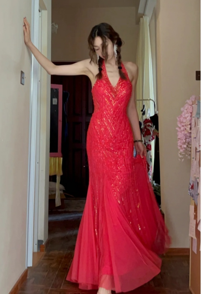 Robes d'anniversaire élégantes bleu dégradé, col en V, paillettes, mousseline, fourreau, robes de bal, robes de soirée ED04456