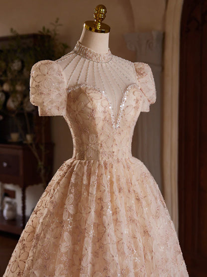 Robe de bal trapèze en tulle rose champagne, longueur thé, avec perles, ED0578