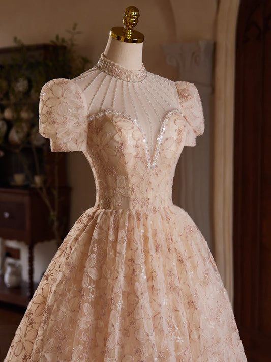 A-line Champagne Pink Tulle Lace Tea Length Prom Dress with Beads ED0578