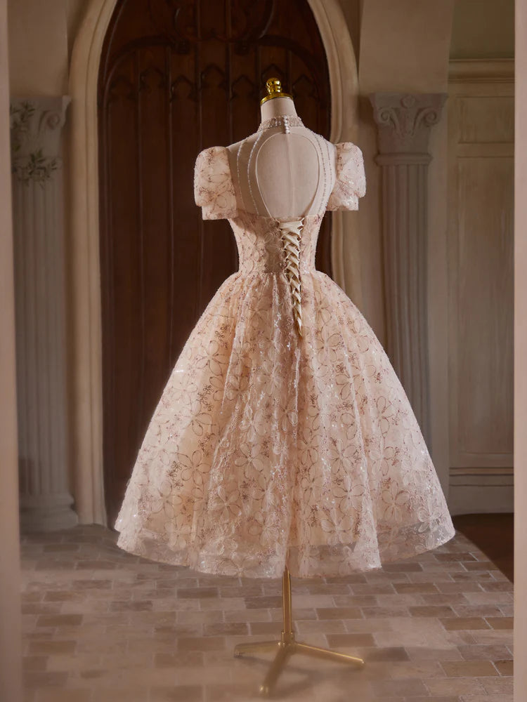 Robe de bal trapèze en tulle rose champagne, longueur thé, avec perles, ED0578