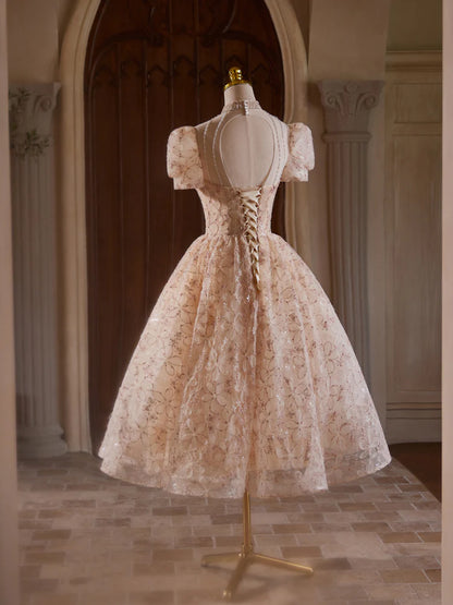 Robe de bal trapèze en tulle rose champagne, longueur thé, avec perles, ED0578