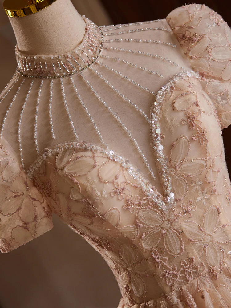 Robe de bal trapèze en tulle rose champagne, longueur thé, avec perles, ED0578