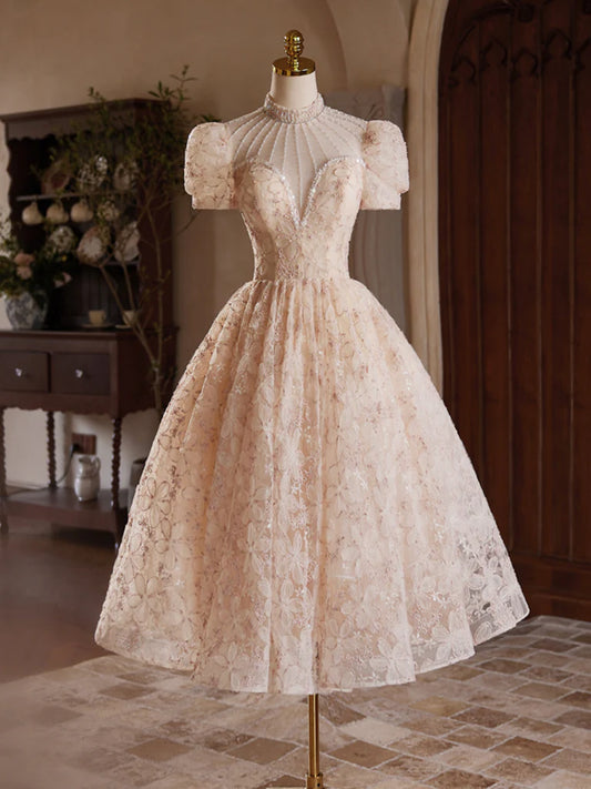 A-line Champagne Pink Tulle Lace Tea Length Prom Dress with Beads ED0578
