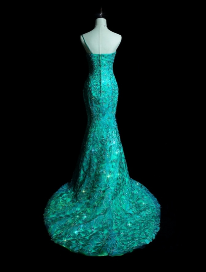 Glamous Turquoise Sheath Long Prom Dresses Tulle Beaded One-shoulder Evening Gowns Sleeveless Birthday Dresses ED05782