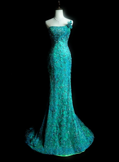 Glamous Turquoise Sheath Long Prom Dresses Tulle Beaded One-shoulder Evening Gowns Sleeveless Birthday Dresses ED05782