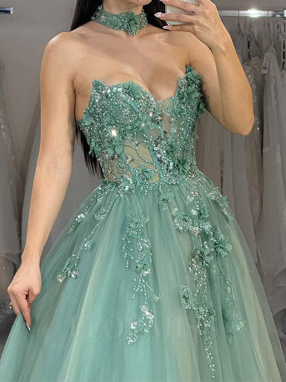 Gorgeous Green A-Line Long Prom Dresses Tulle Beaded Sweetheart Evening Gowns Sleeveless Birthday Dresses ED05783