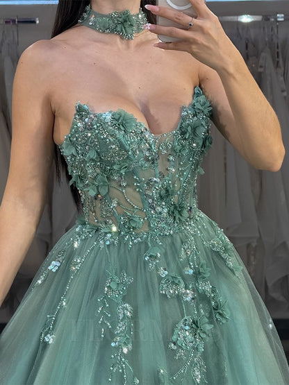 Gorgeous Green A-Line Long Prom Dresses Tulle Beaded Sweetheart Evening Gowns Sleeveless Birthday Dresses ED05783